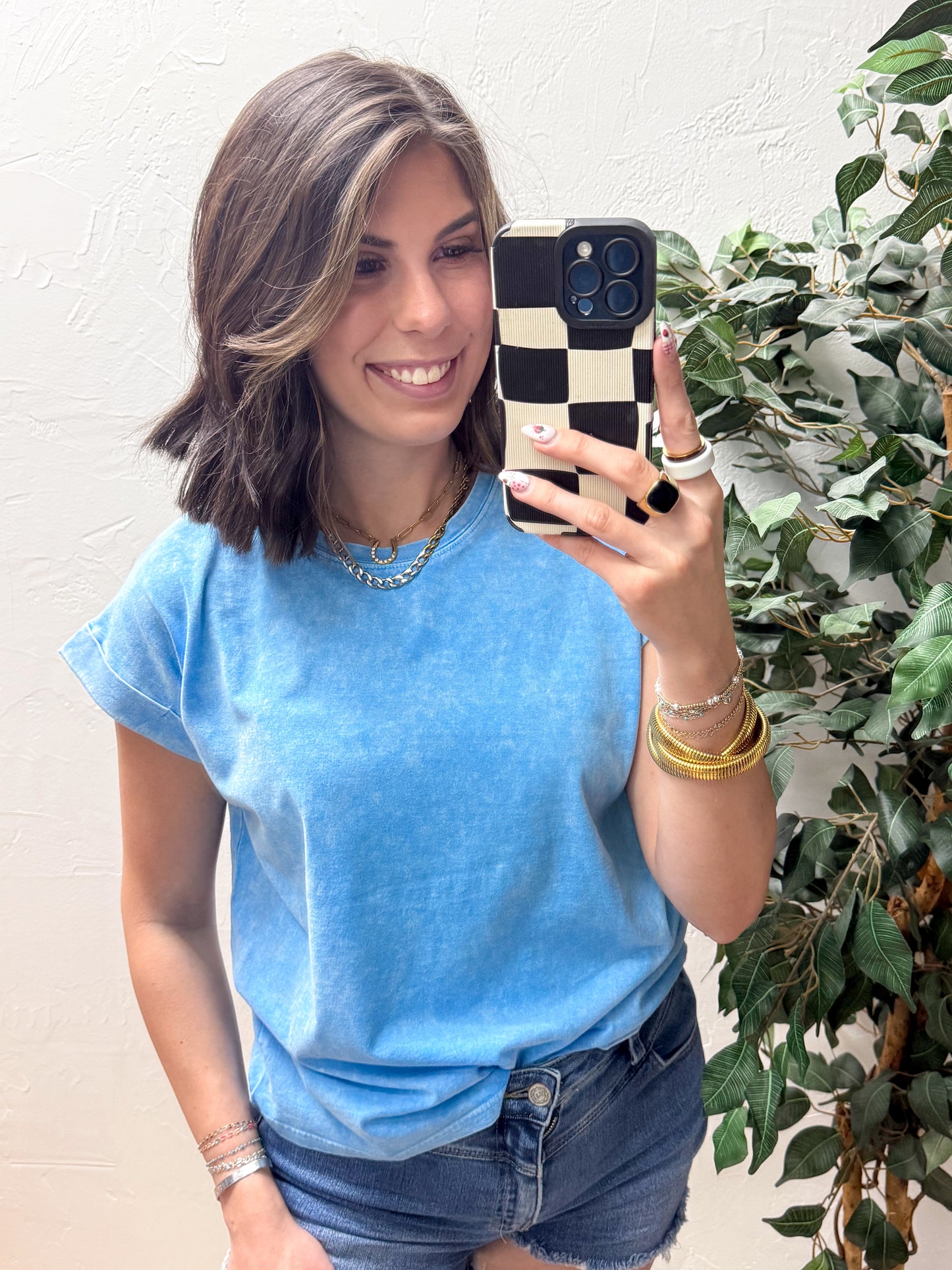 CURVY - The Lina Halo Acid Wash Cuffed Tee - Sky Blue