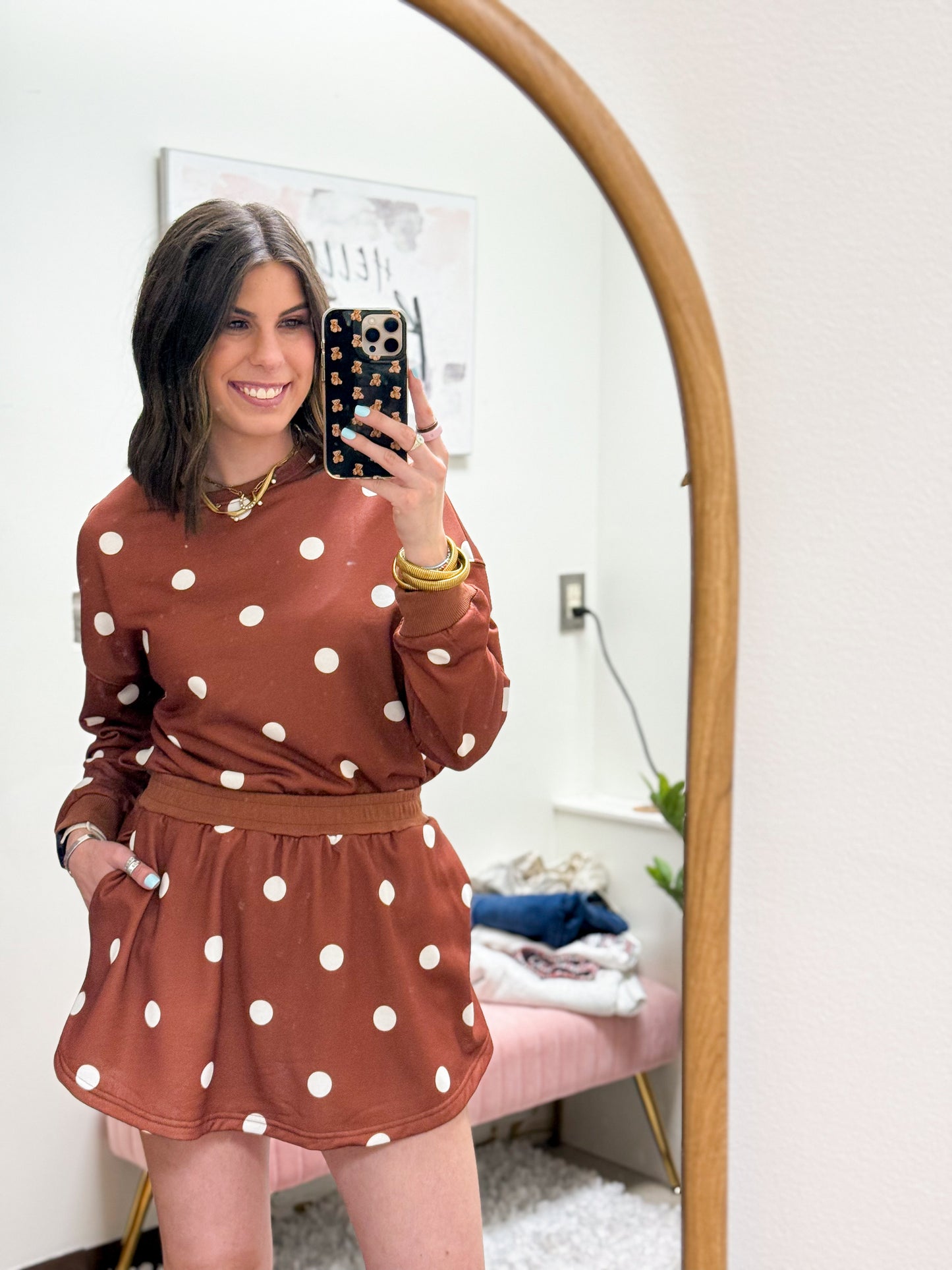 The Dottie Polka Dot Casual Mini Skort Set - Brown
