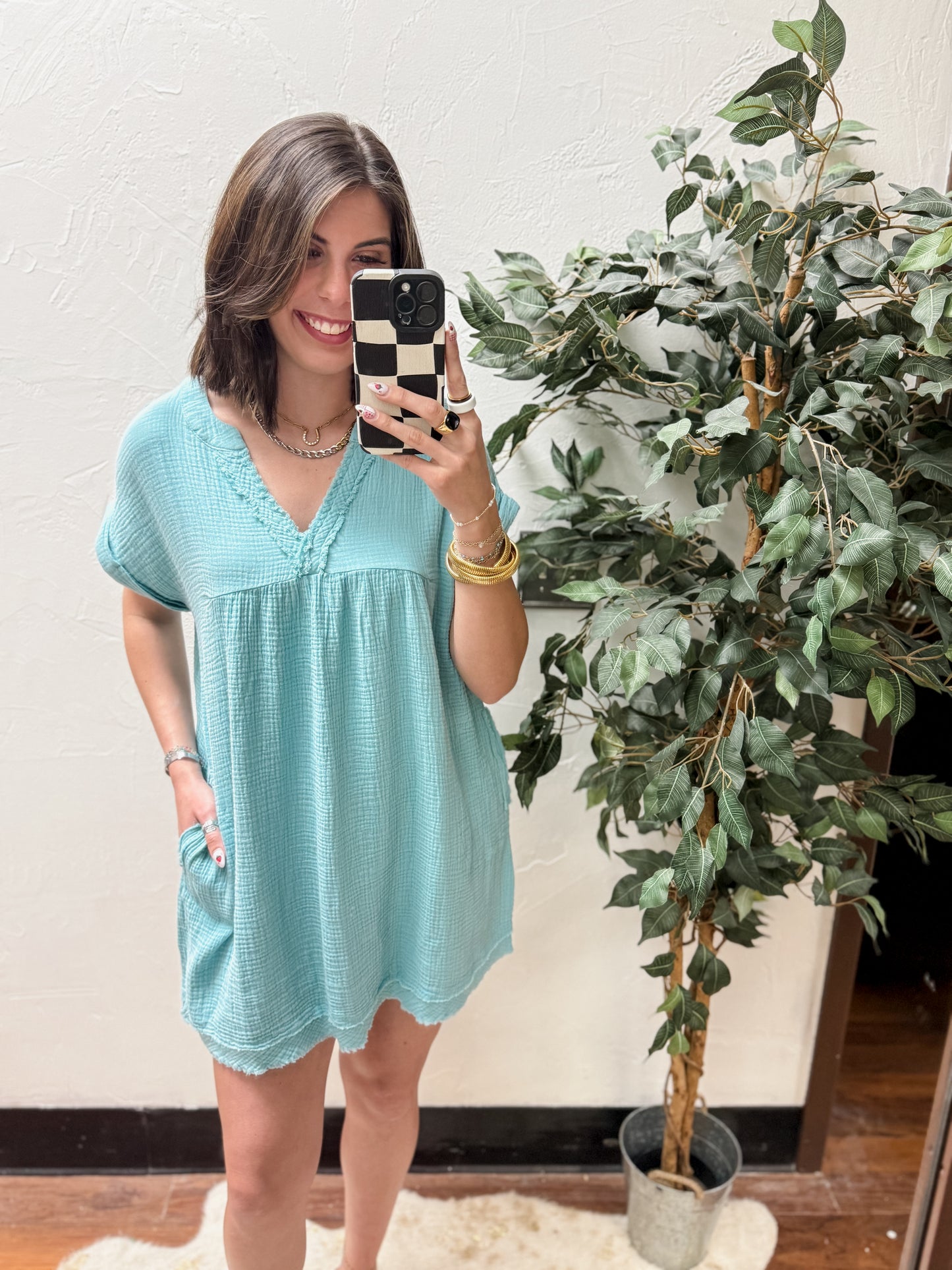 CURVY - The Kaylin Gauze Raw Edge V-neck Dress - Dusty Teal