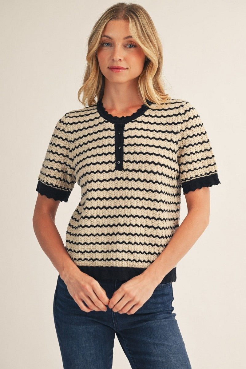 The Henley Striped Lightweight Sweater Top - Black/Taupe