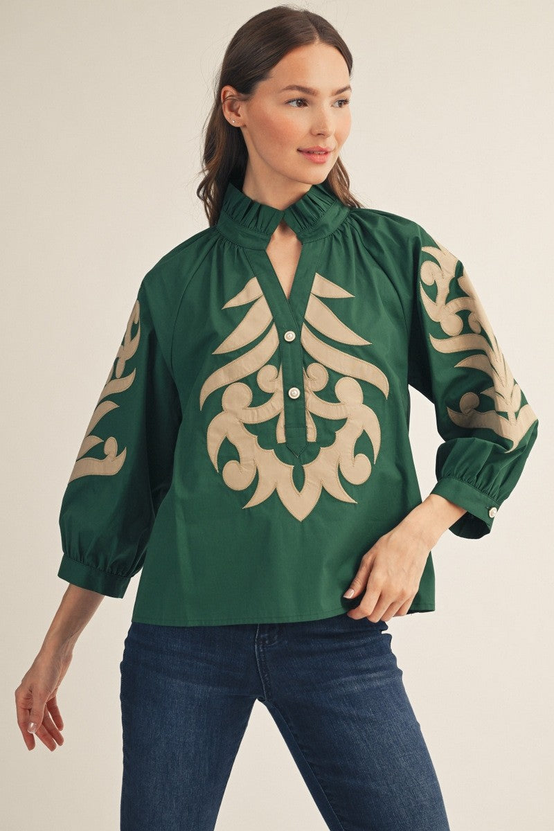 The Montana Baroque Appliqué Detail Top - Hunter Green