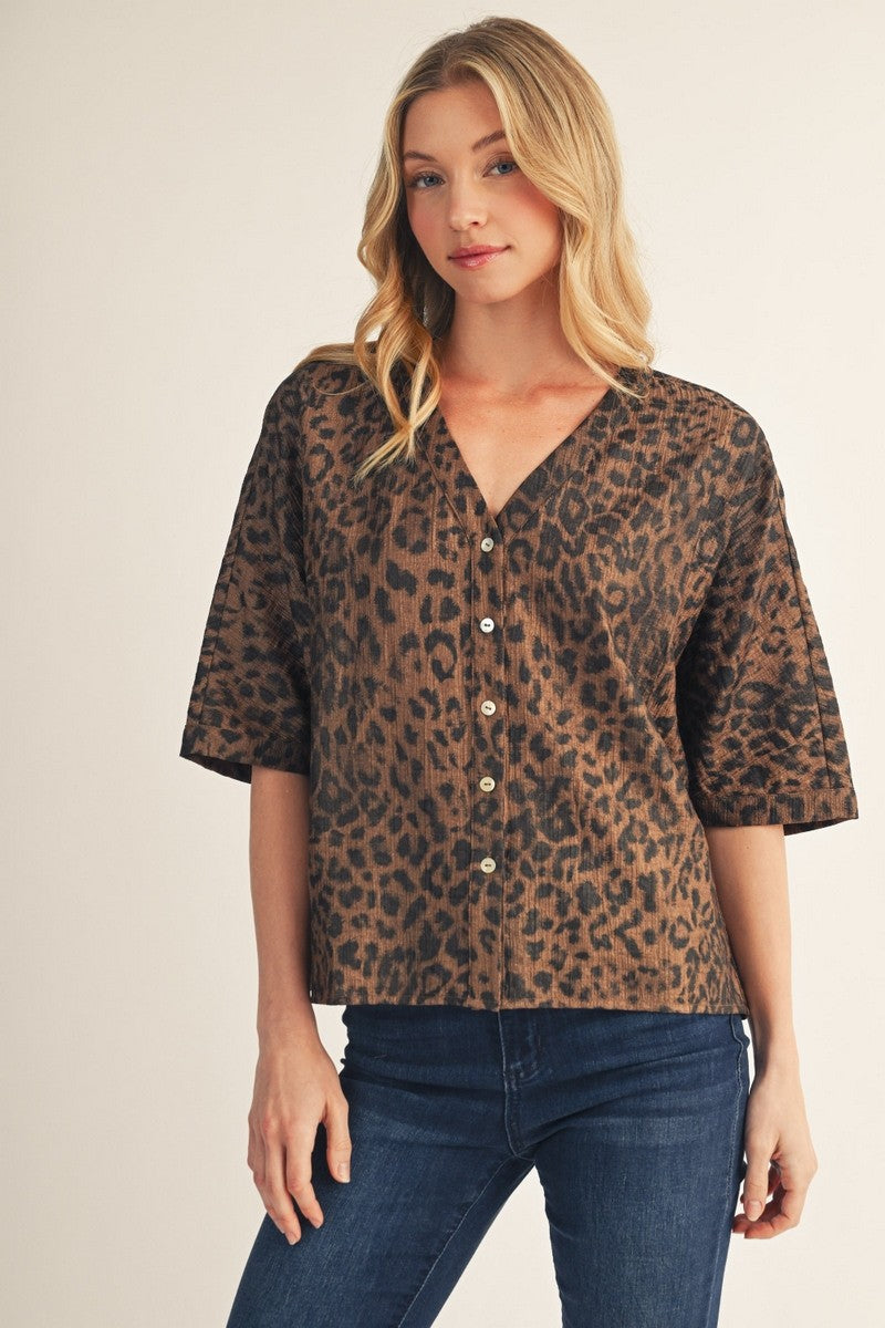 The Hayden Metallic Leopard Button Down Top - Brown