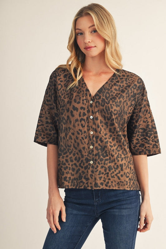 The Hayden Metallic Leopard Button Down Top - Brown