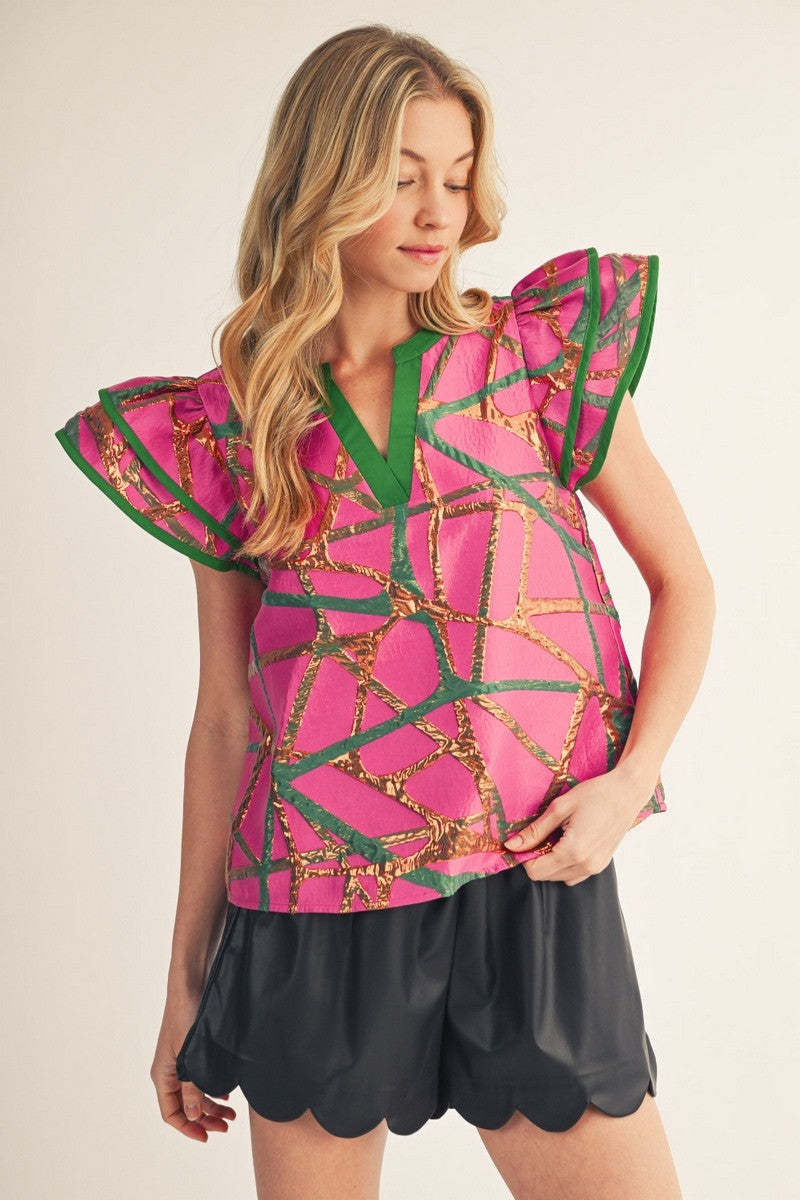 The Giada Abstract Metallic Jacquard Top - Magenta