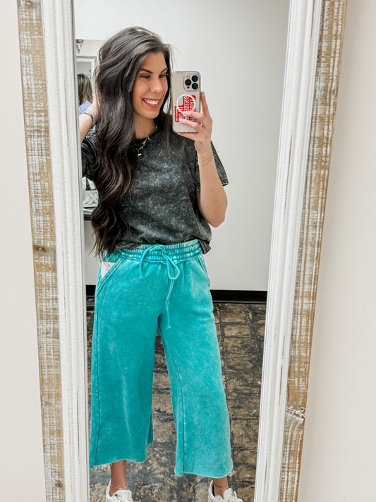 The Gizelle Acid Wash Palazzo Sweatpants - Teal