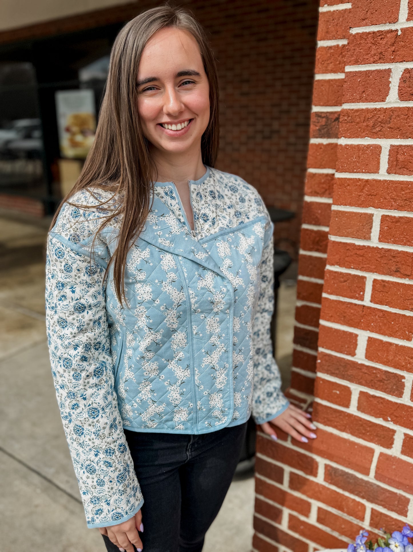 The Piper Colorblock Floral Zip-Up Quilted Jacket