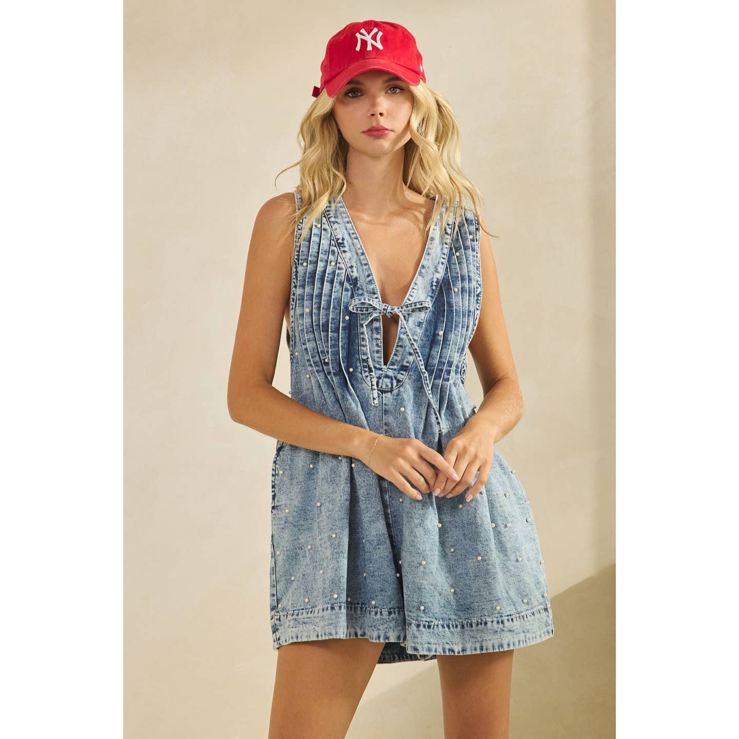 The Brenna Pleated All Over Pearl Denim Romper - Medium Wash