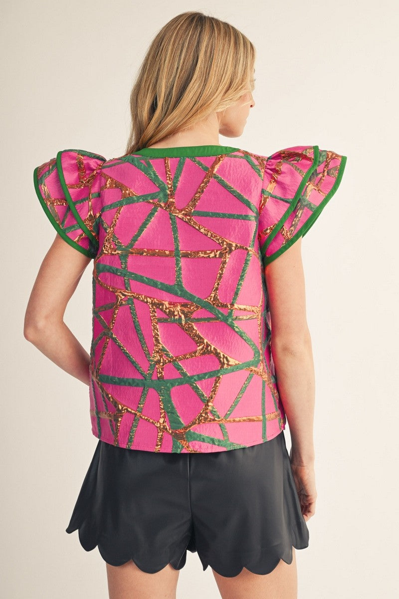 The Giada Abstract Metallic Jacquard Top - Magenta