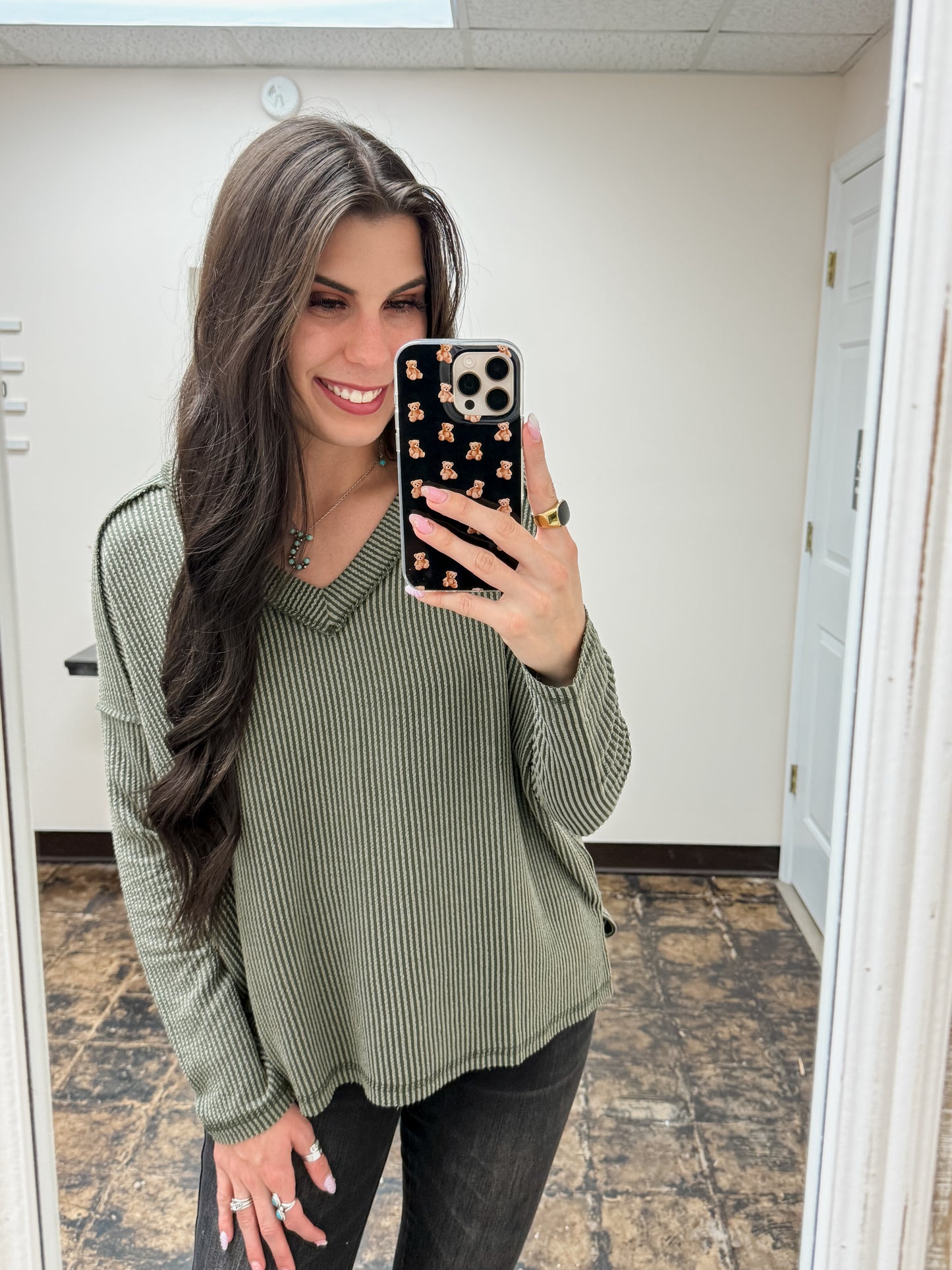 The Ansleigh Corded Long Sleeve Top - Dark Olive