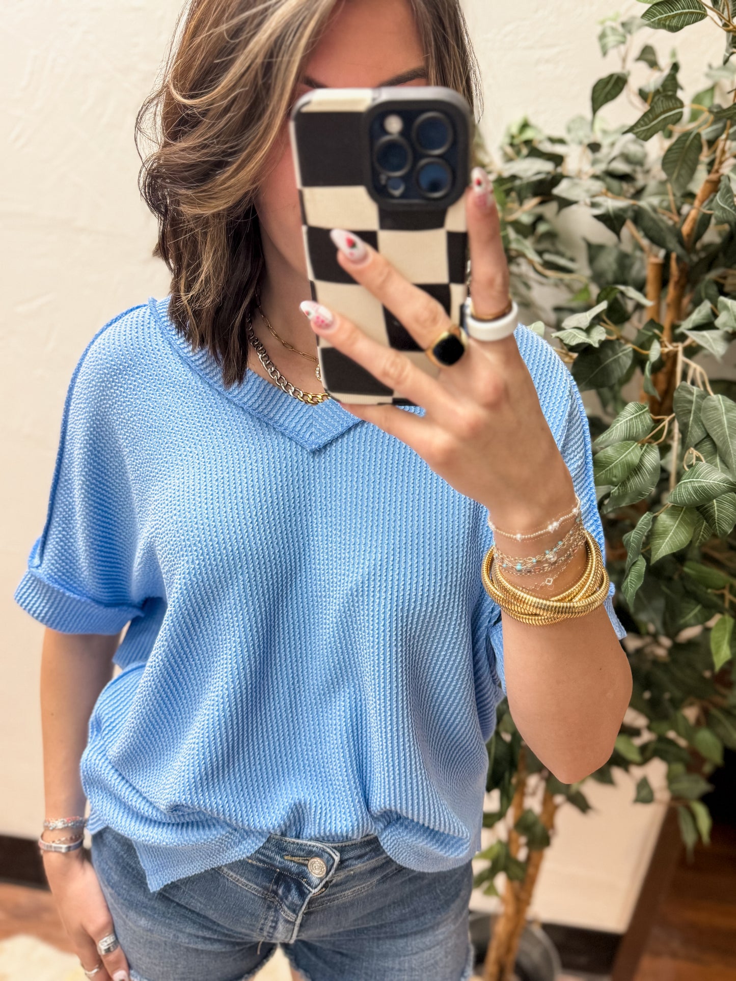 CURVY - The Roxie Corded Top - Cornflower Blue