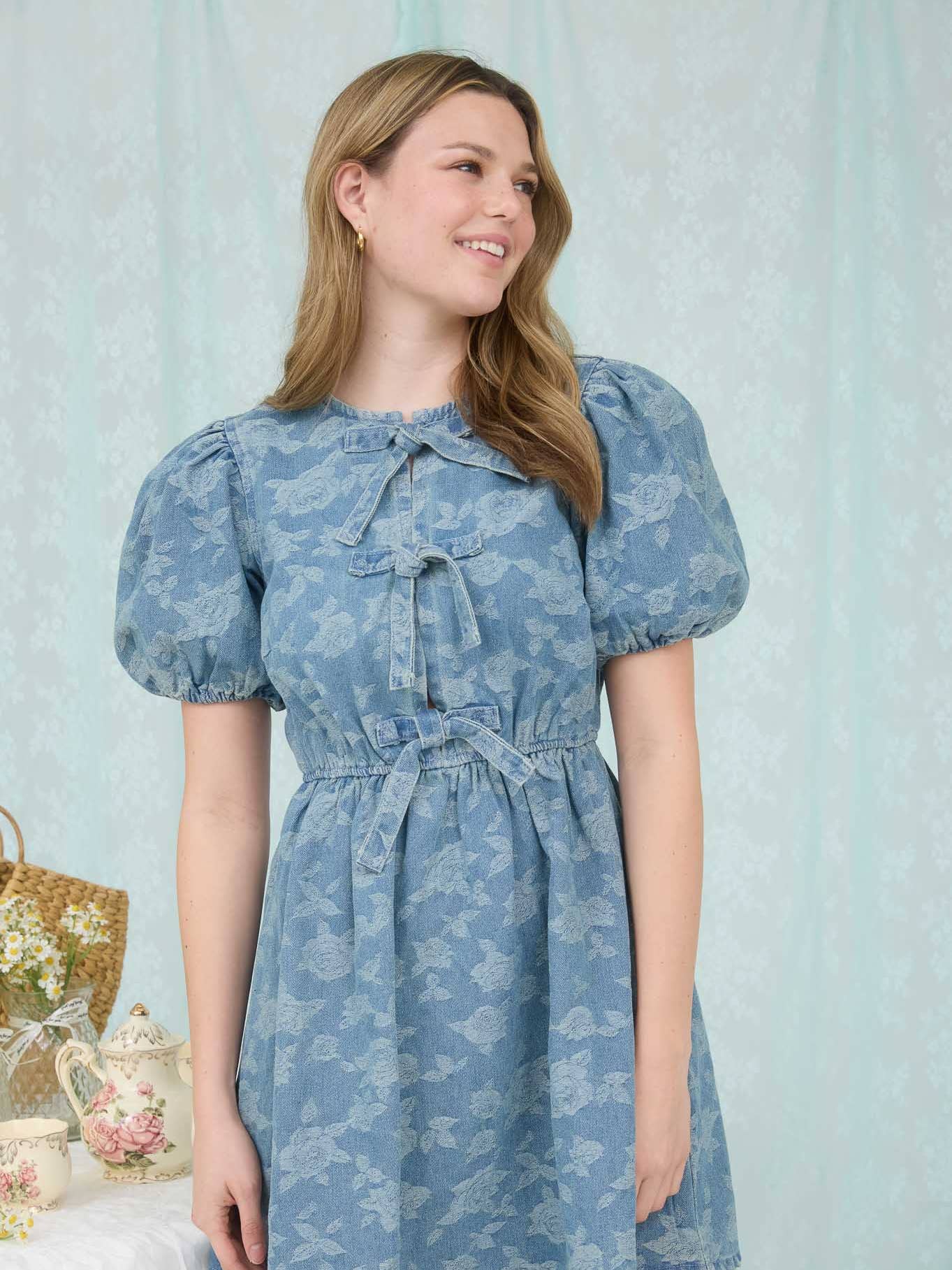 The Indie Rose Front Tie Puff Sleeve Denim Mini Dress