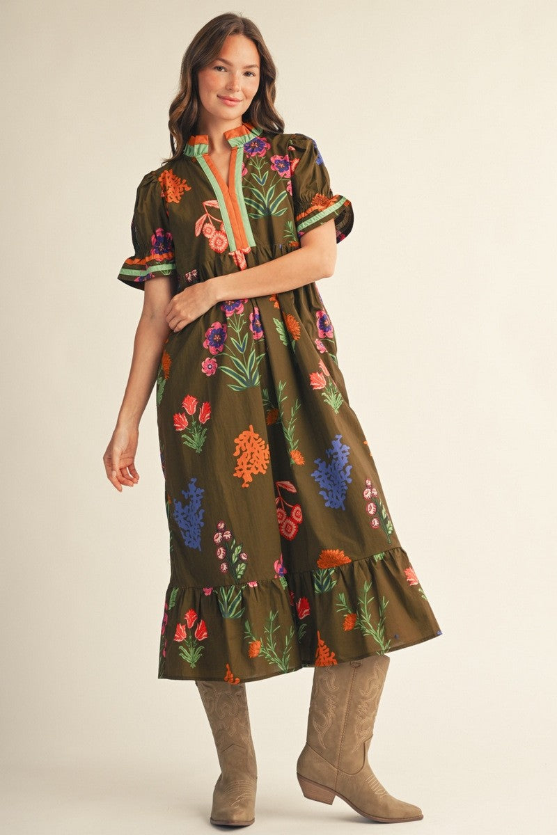 The Georgina Contrast Accent Floral Midi Dress - Brown