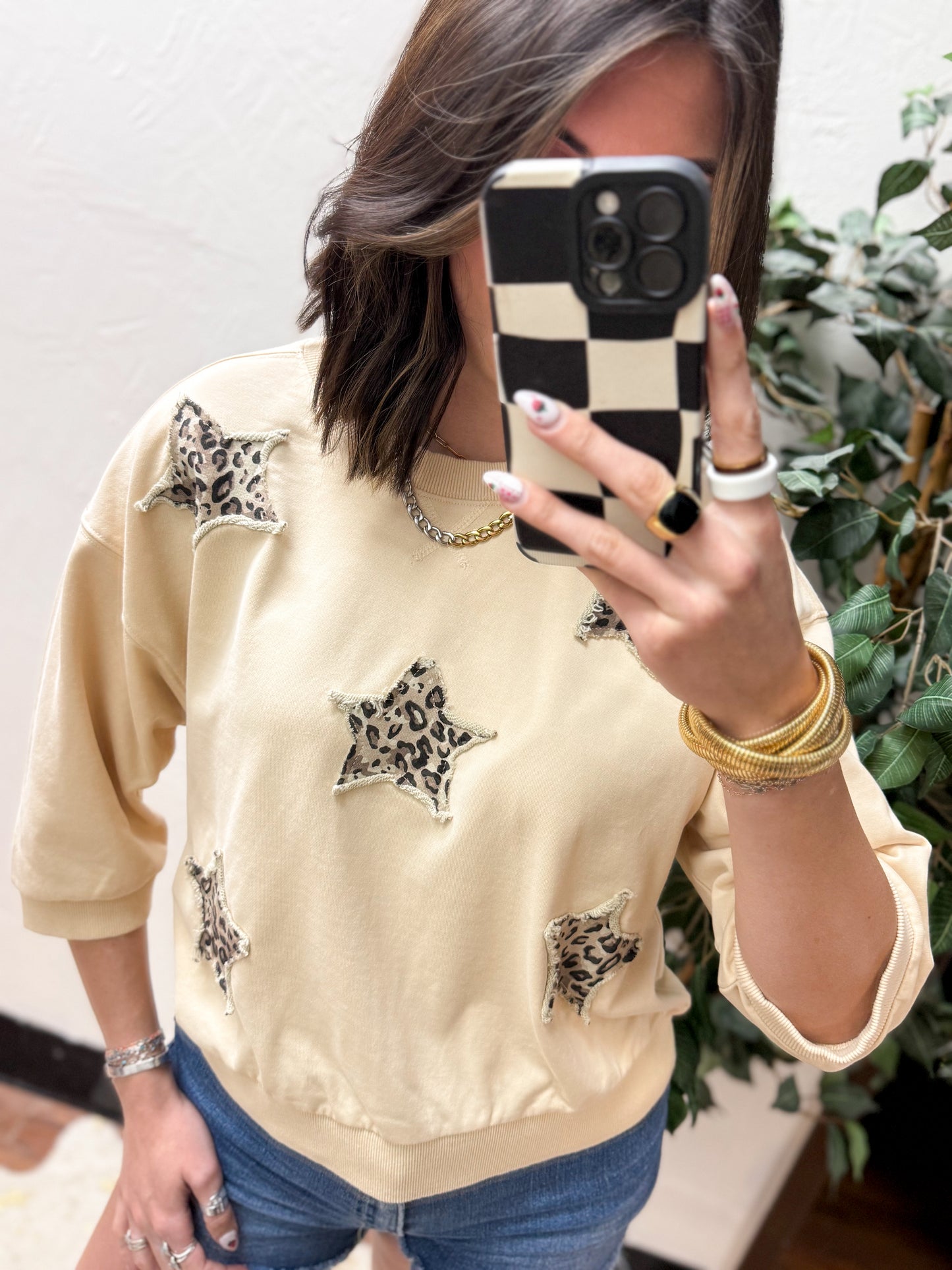 The Julienne Leopard Star Patched Washed Top - Beige