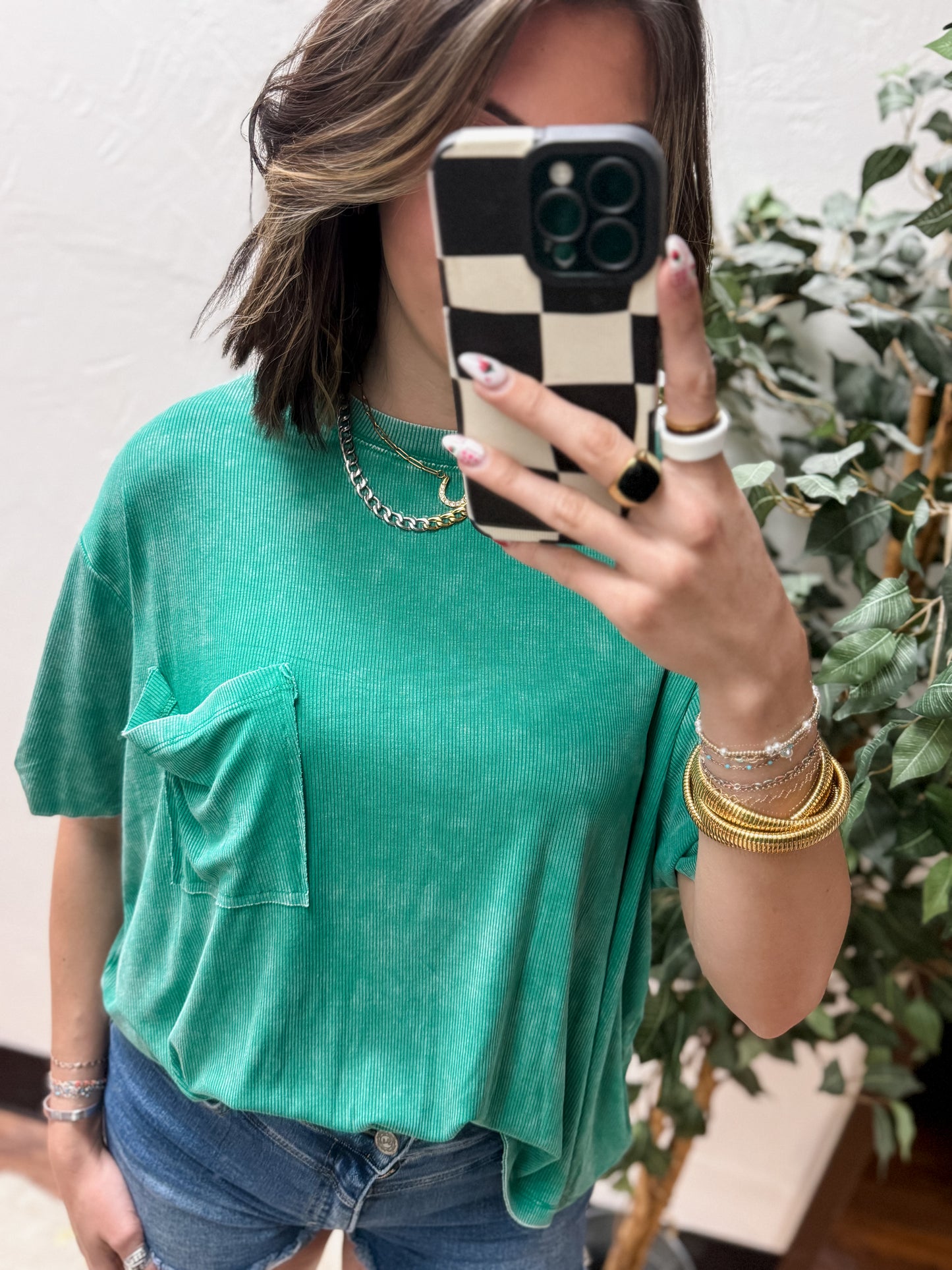 The Kora Acid Wash Ribbed Cuffed Tee - Kelly Green