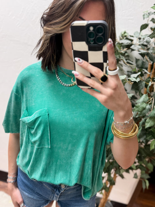 The Kora Acid Wash Ribbed Cuffed Tee - Kelly Green