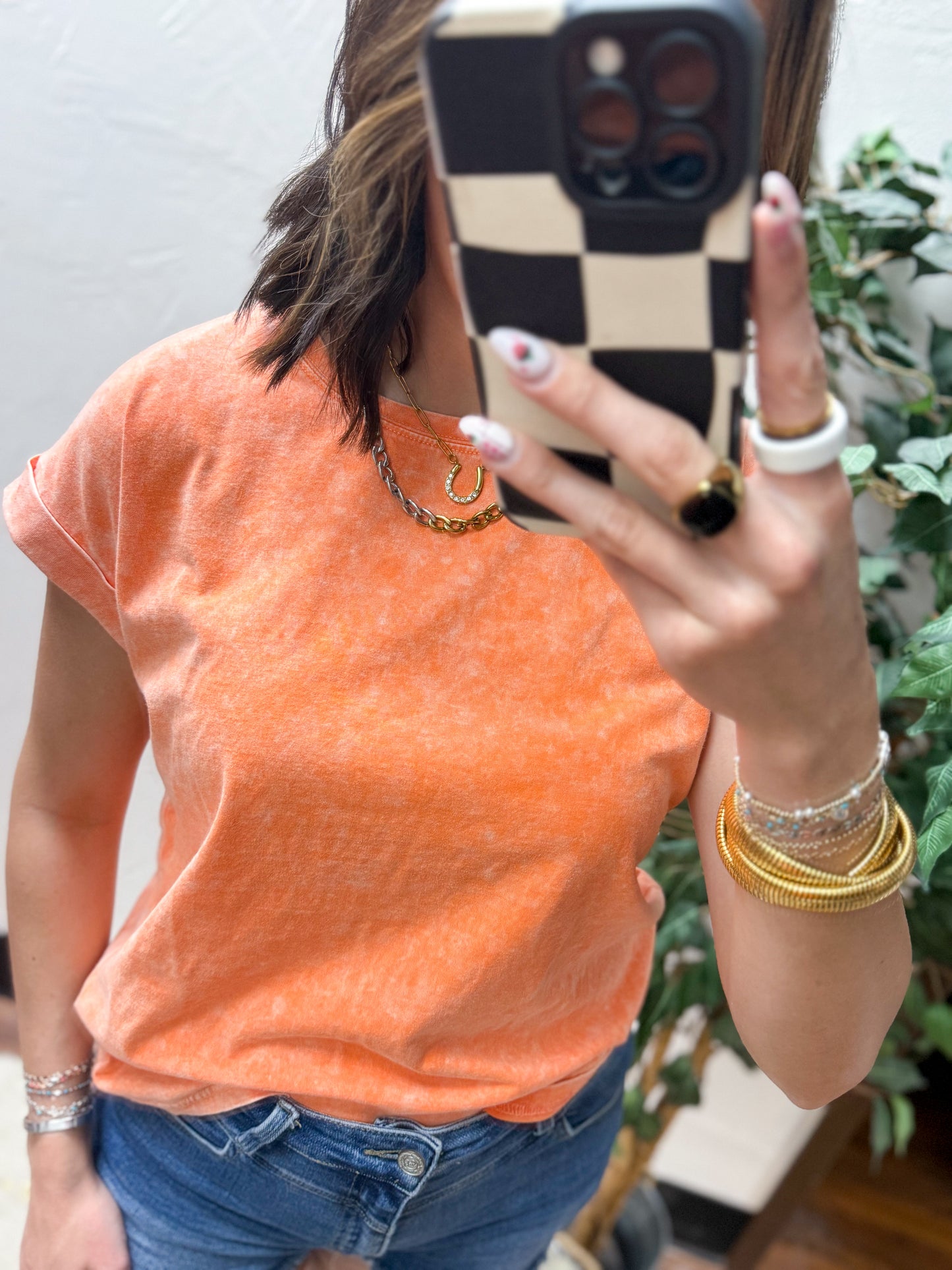 The Lina Halo Acid Wash Cuffed Tee - Orange