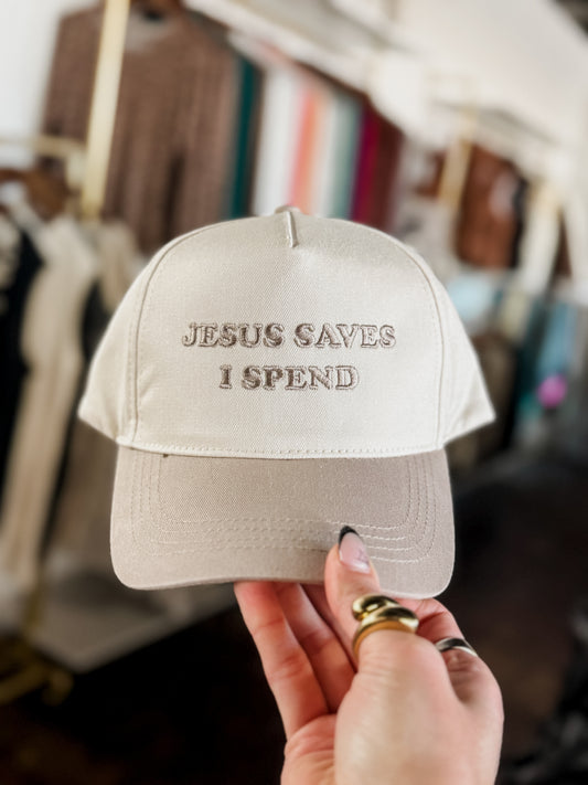 The Jesus Saves and I Spend Hat - Beige