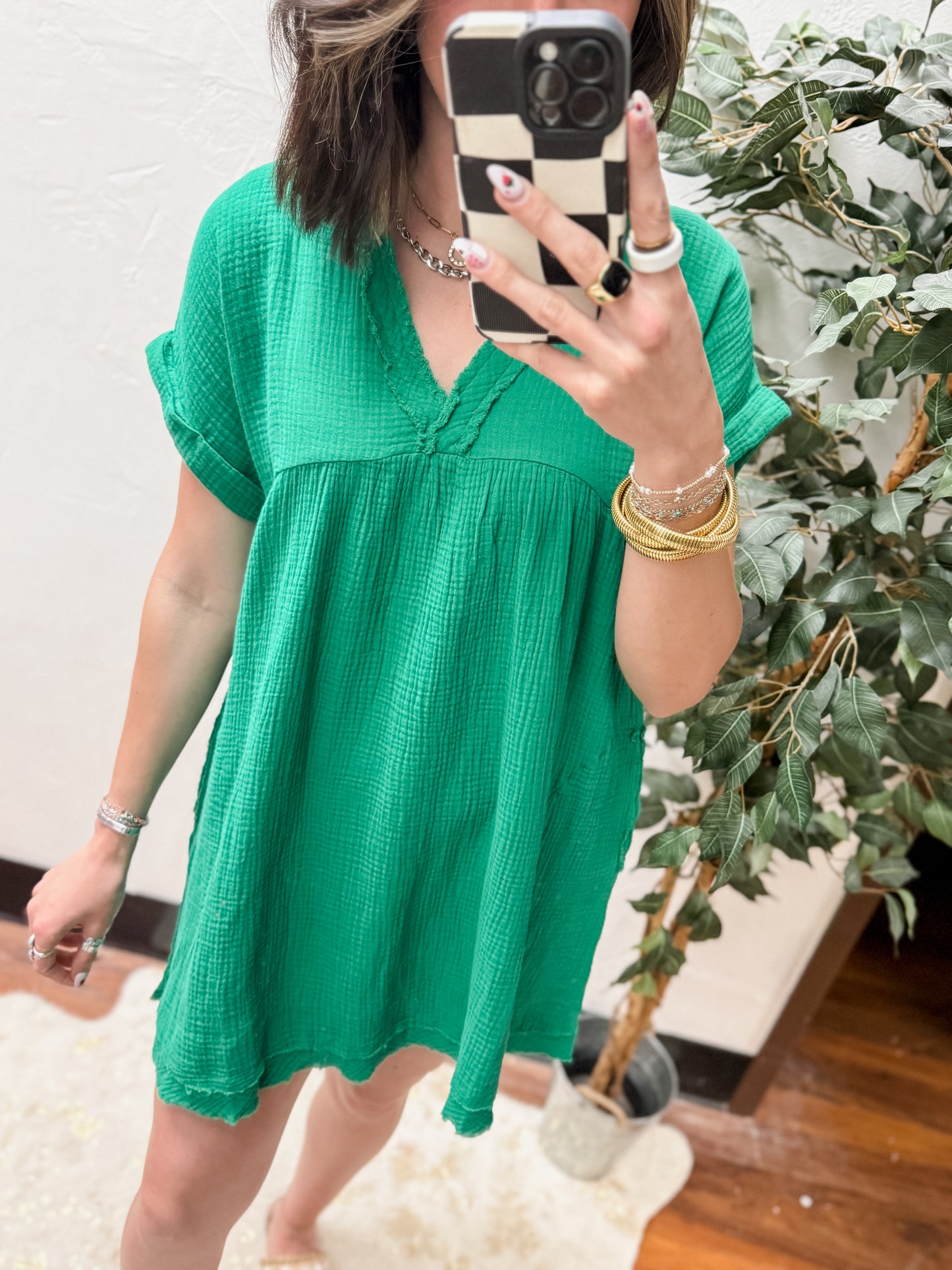 The Kaylin Gauze Raw Edge V-neck Dress - Kelly Green