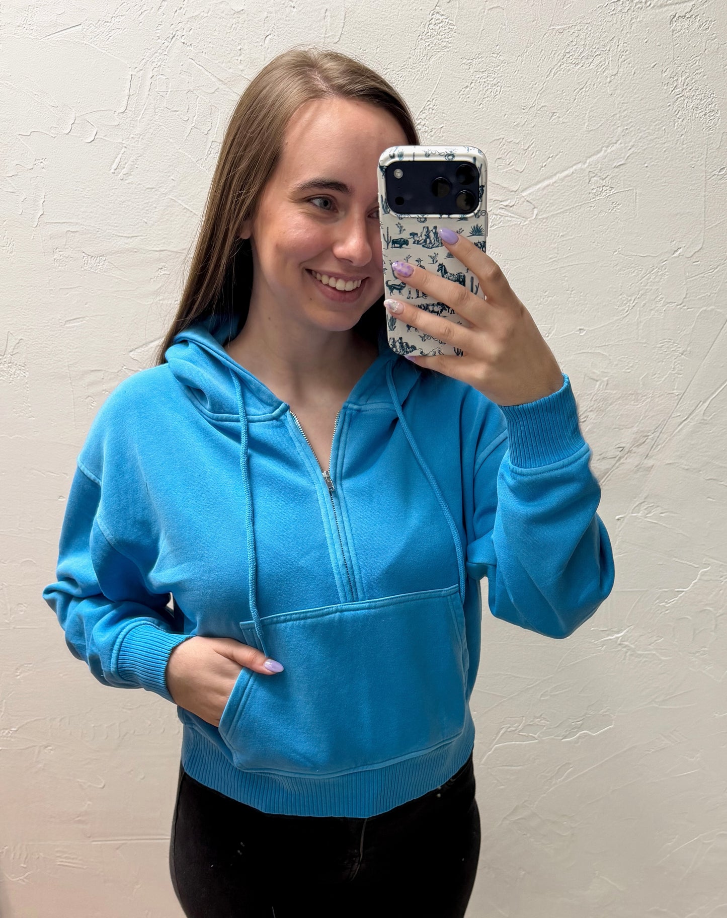 The Lilah Half Zip Kangaroo Pocket Hoodie - Deep Sky