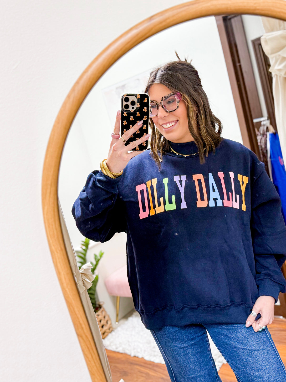 The Dilly Dally Reversible Mock Neck Sweatshirt - Navy/Rainbow