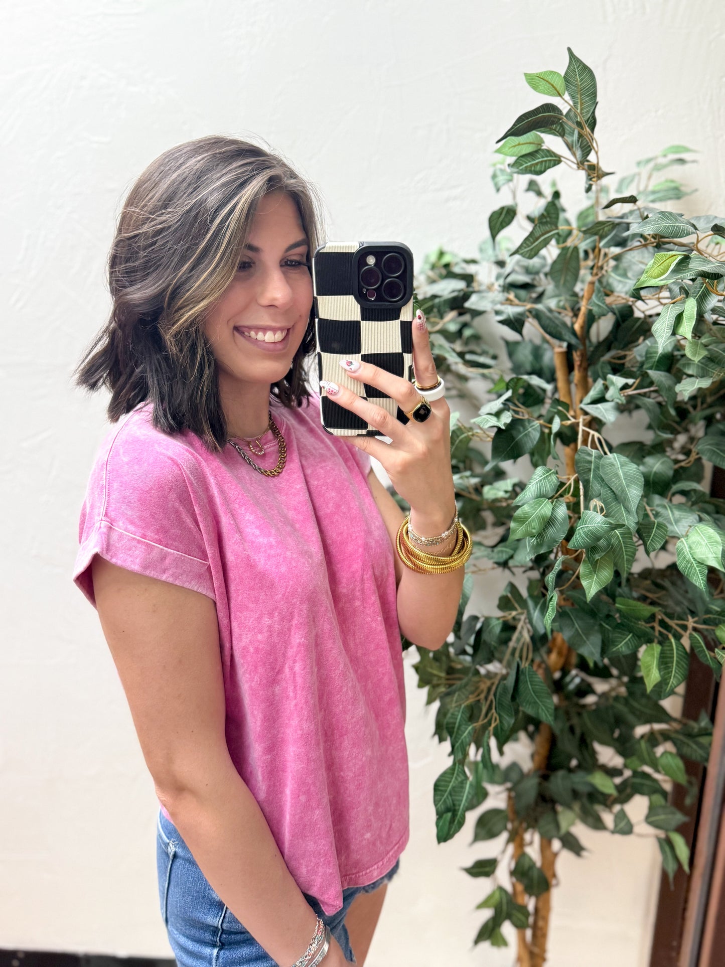 The Lina Halo Acid Wash Cuffed Tee - Hot Pink