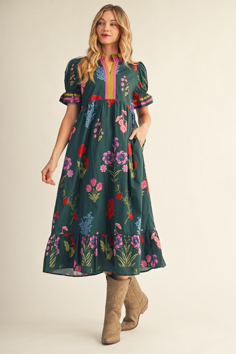 The Georgina Contrast Accent Floral Midi Dress - Hunter Green