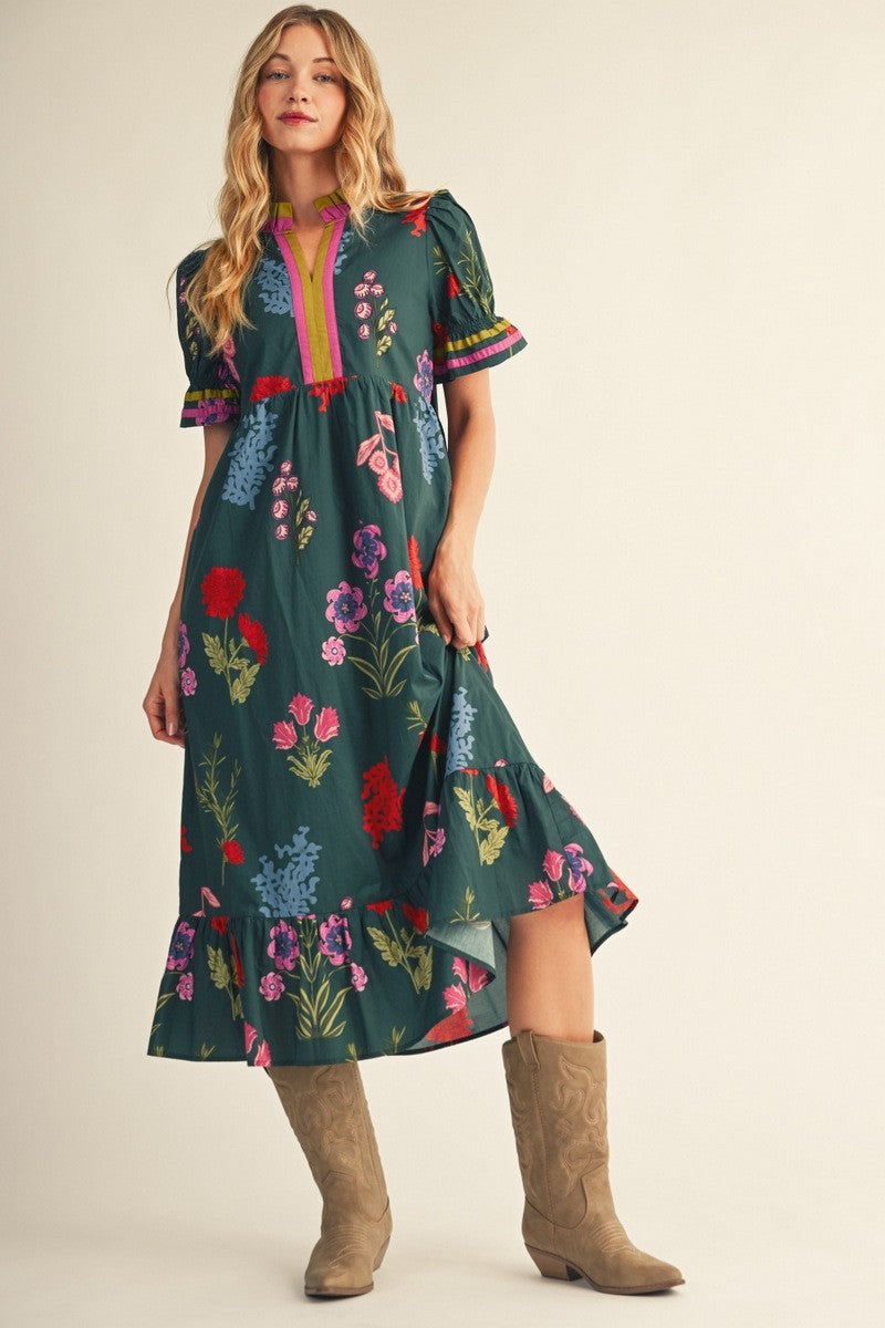 The Georgina Contrast Accent Floral Midi Dress - Hunter Green