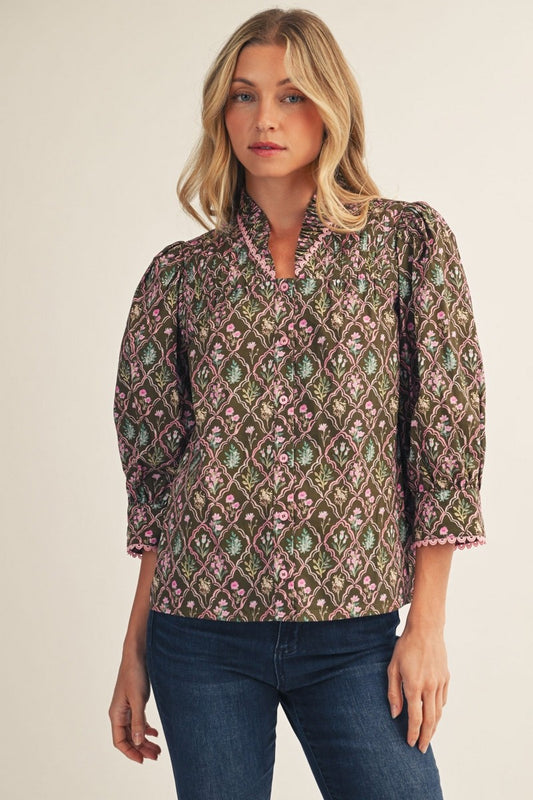 The Fauna Ruffle Neck Floral Pleated Top - Brown