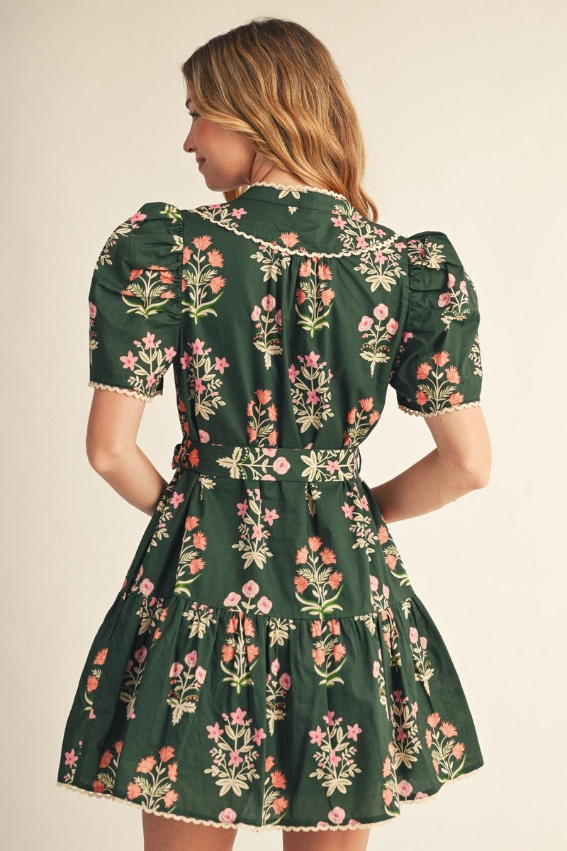 The Faelan Puff Shoulder Floral Dress - Olive