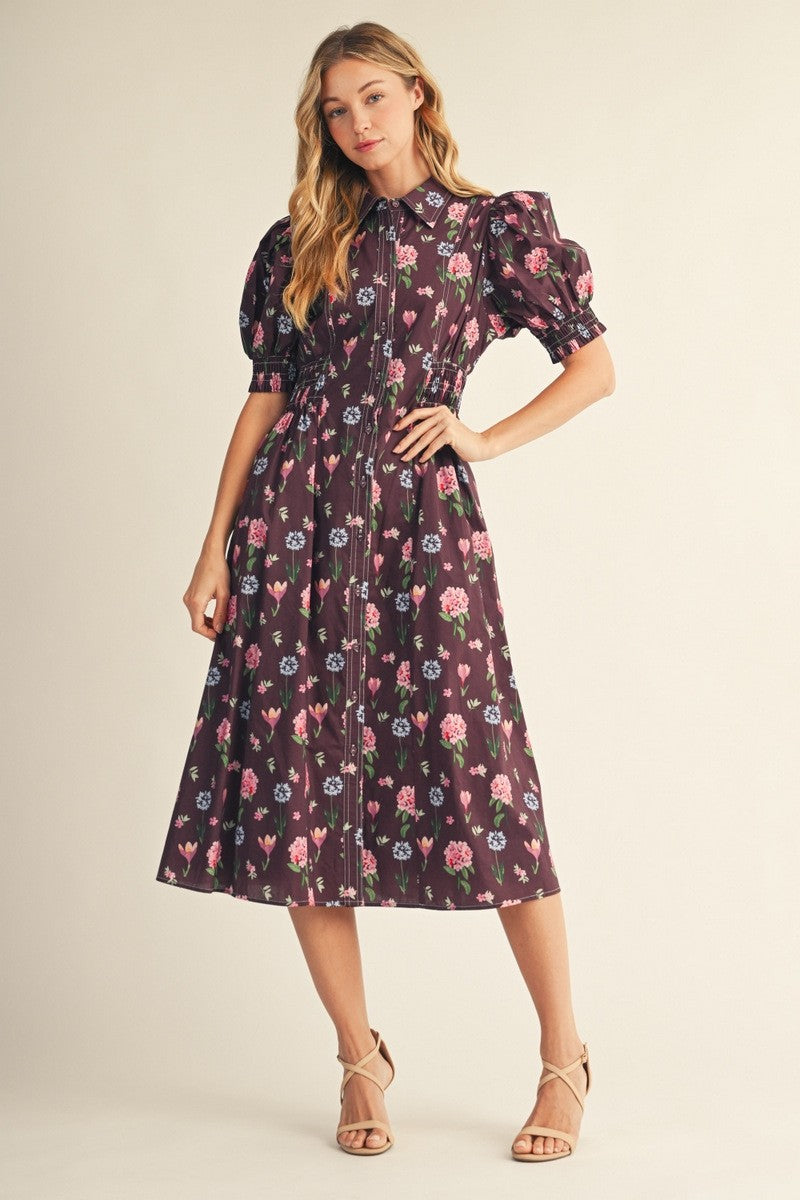 The Amelia Smocking Detail Button Down Floral Midi Dress - Eggplant