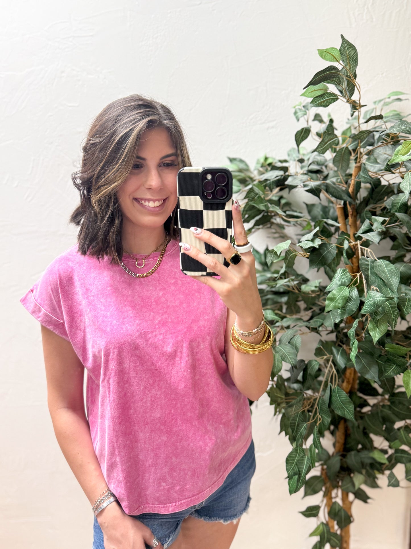 The Lina Halo Acid Wash Cuffed Tee - Hot Pink