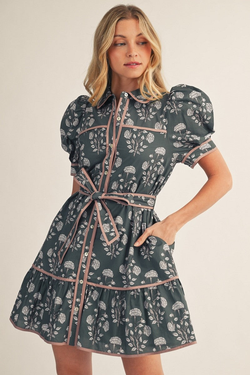 The Joelle Puff Shoulder Button Down Floral Dress - Hunter Green