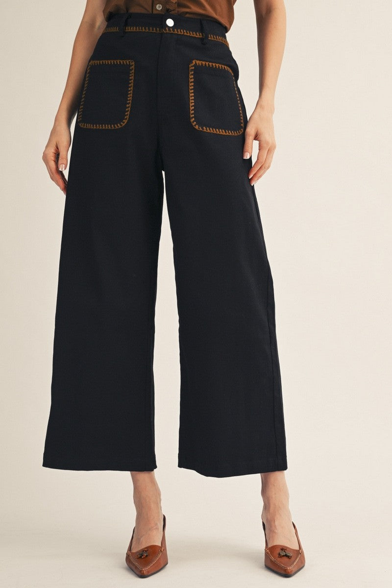 The Railey Stitch Accent Wide Leg Solid Pants - Black