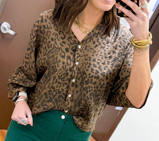 The Hayden Metallic Leopard Button Down Top - Brown