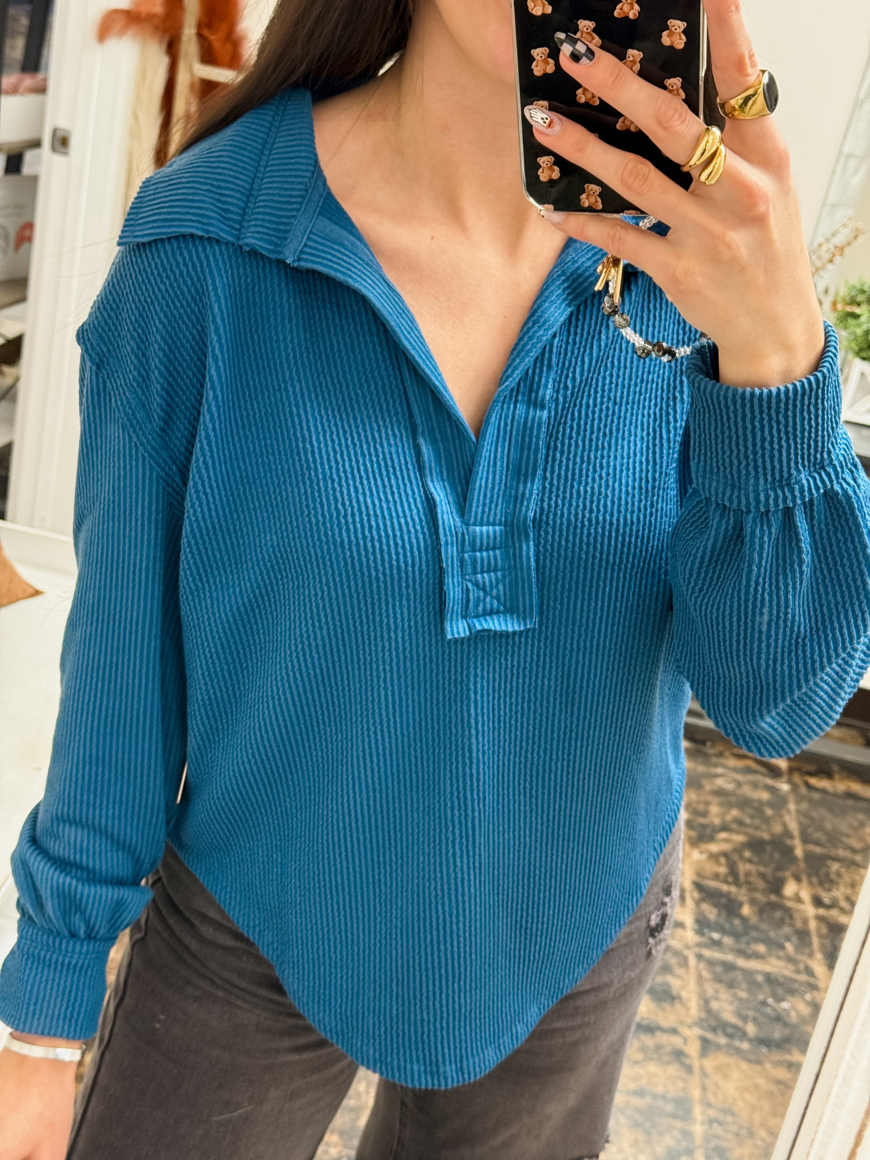 Simply Southern - Collared Knit Top - Dark Blue - 2025