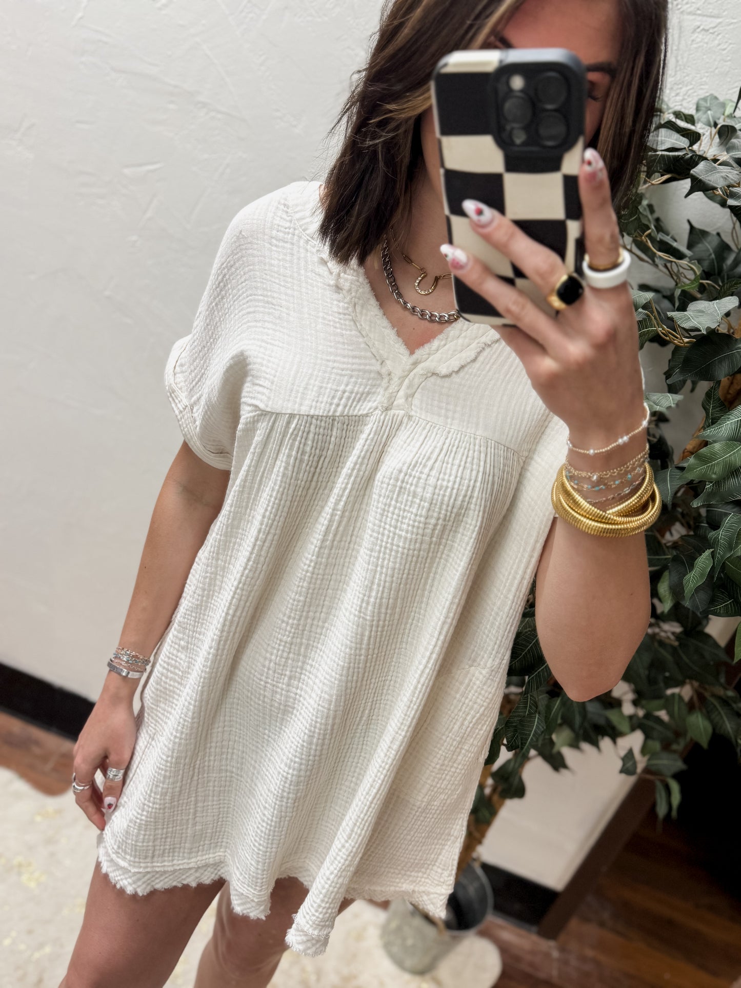 CURVY - The Kaylin Gauze Raw Edge V-neck Dress - Sand Beige