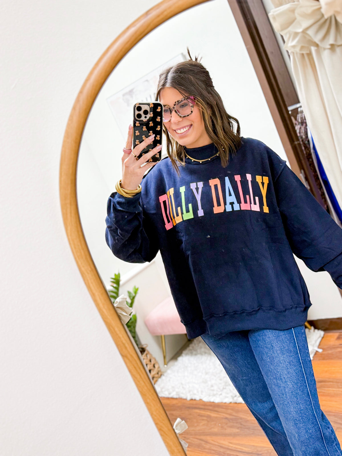 The Dilly Dally Reversible Mock Neck Sweatshirt - Navy/Rainbow