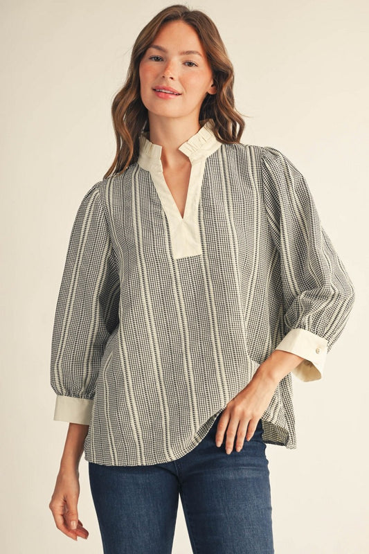 The Brock Ruffled Neckline Gingham Top - Black