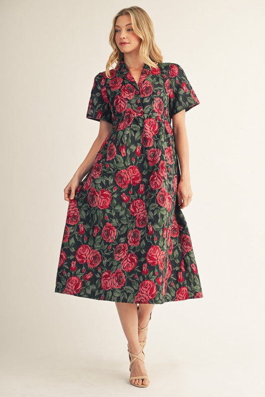 The Penelope Puff Shoulder Floral Jacquard Midi Dress - Black