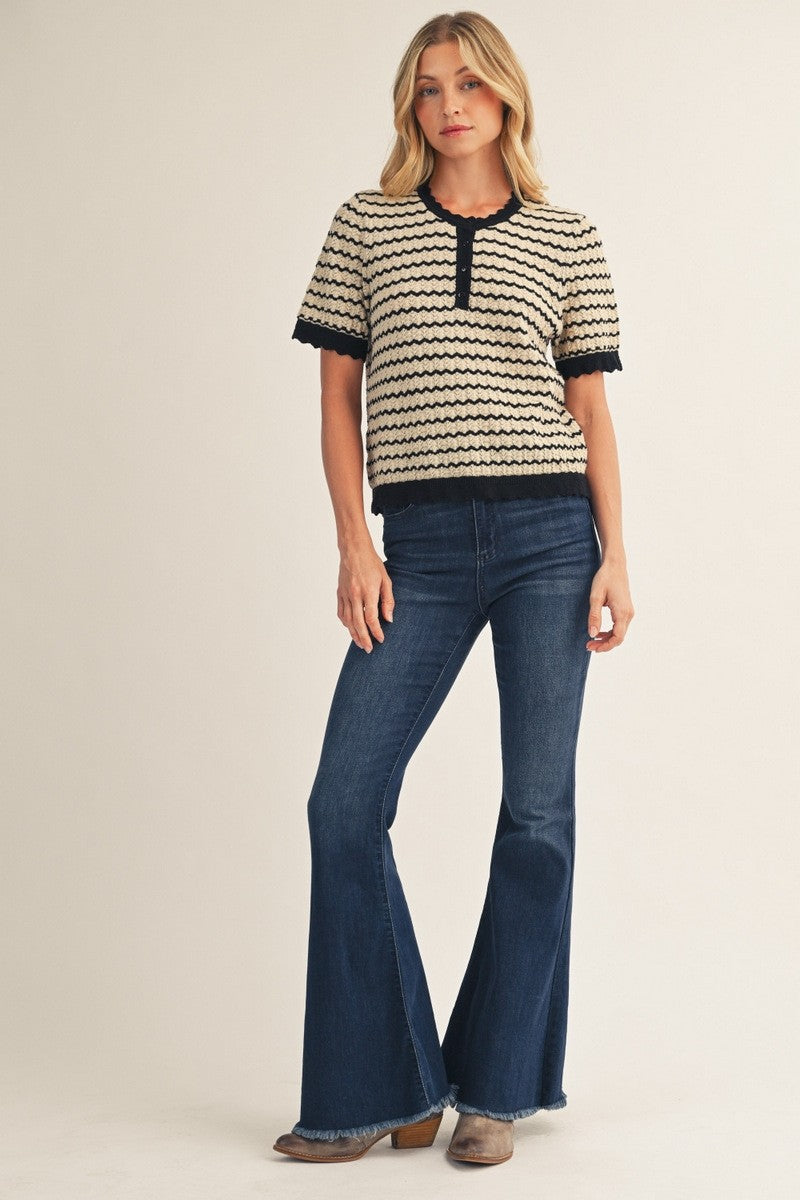 The Henley Striped Lightweight Sweater Top - Black/Taupe