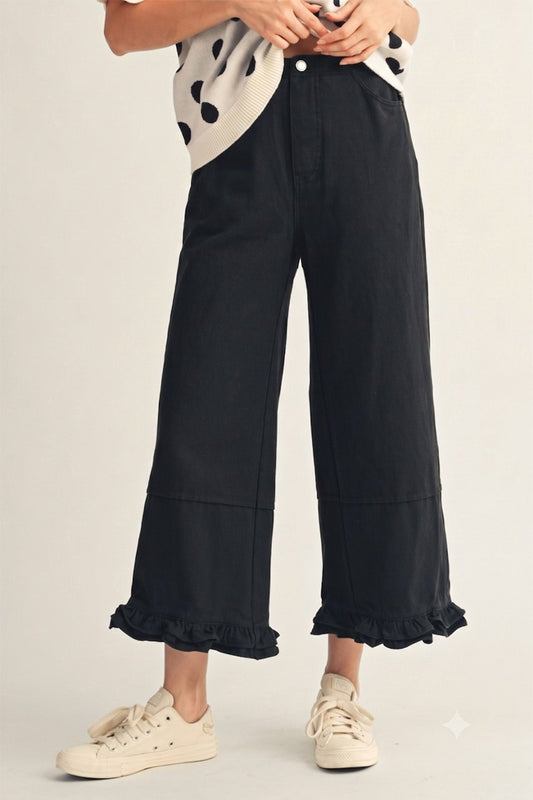 The Camden Ruffle Hem Wide Leg Casual Pants - Black