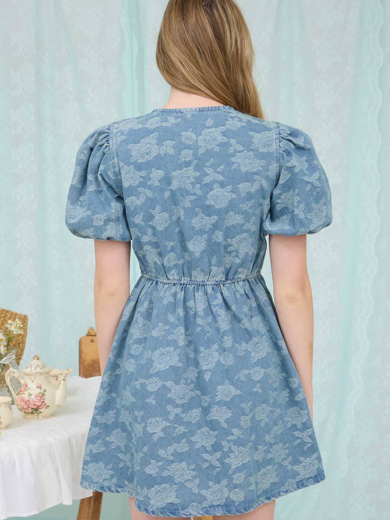 The Indie Rose Front Tie Puff Sleeve Denim Mini Dress