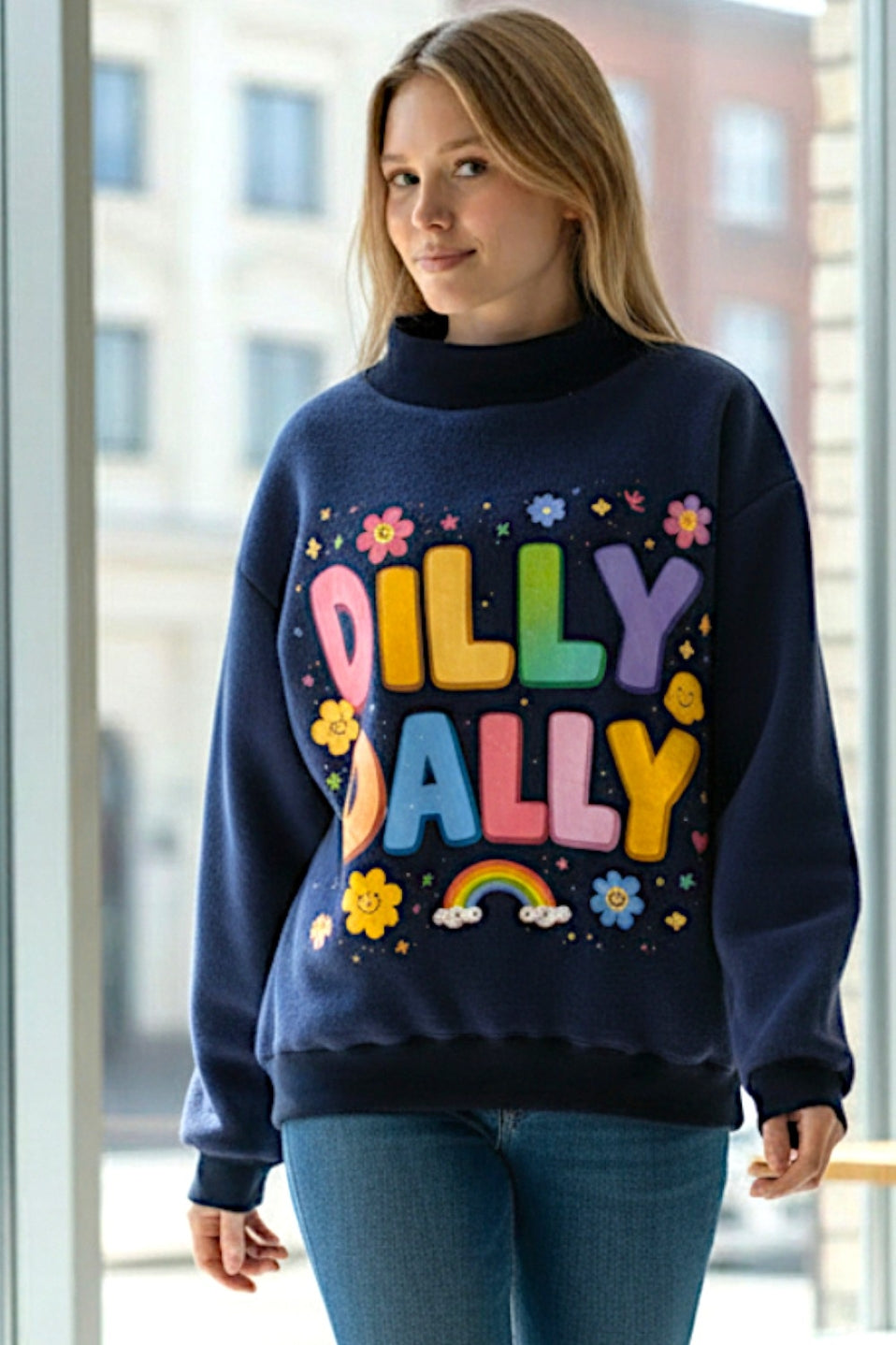 The Dilly Dally Reversible Mock Neck Sweatshirt - Navy/Rainbow