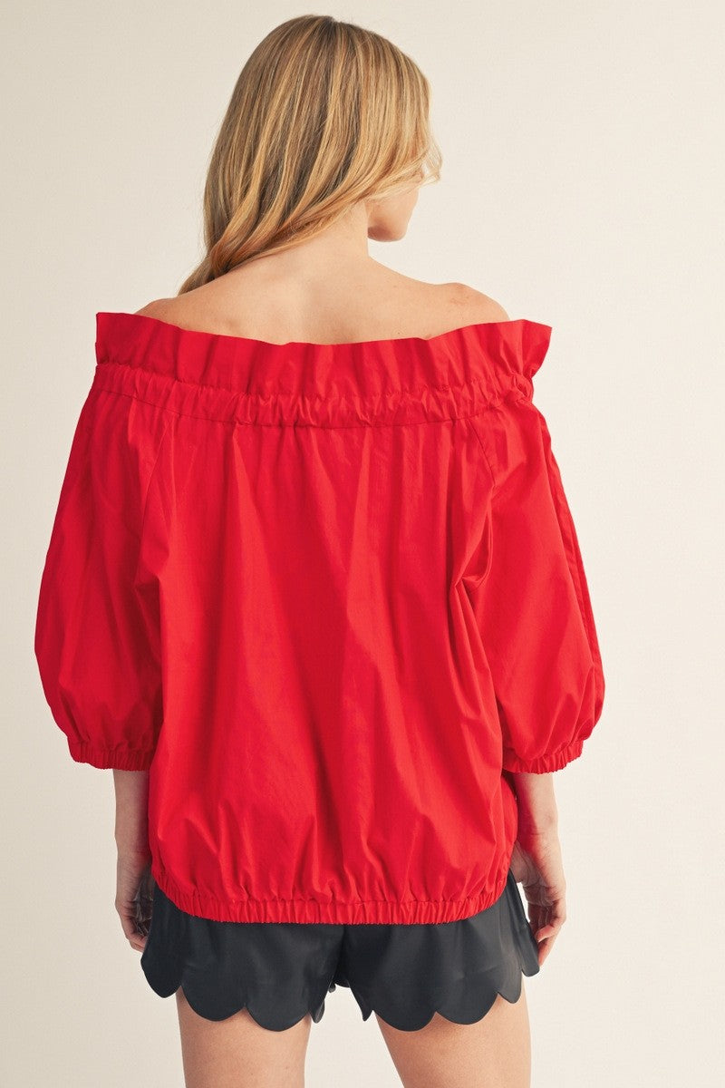 The Macyn Bow Drawstring Neckline Woven Top - Red