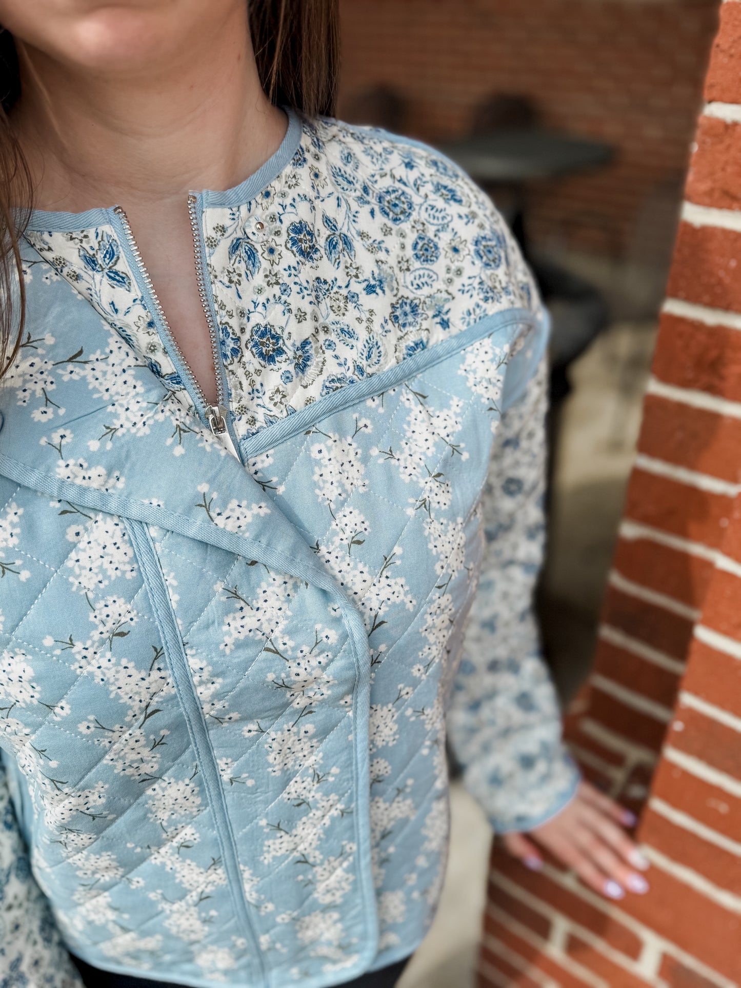 The Piper Colorblock Floral Zip-Up Quilted Jacket