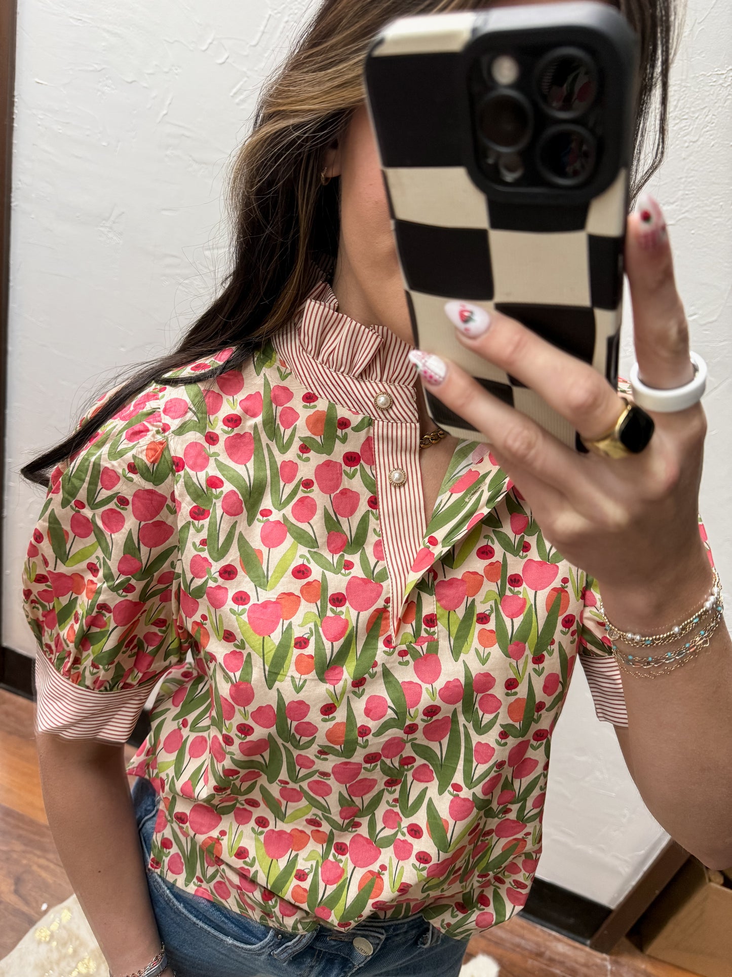 The Elley Stripe Contrast Detail Floral Top - Red