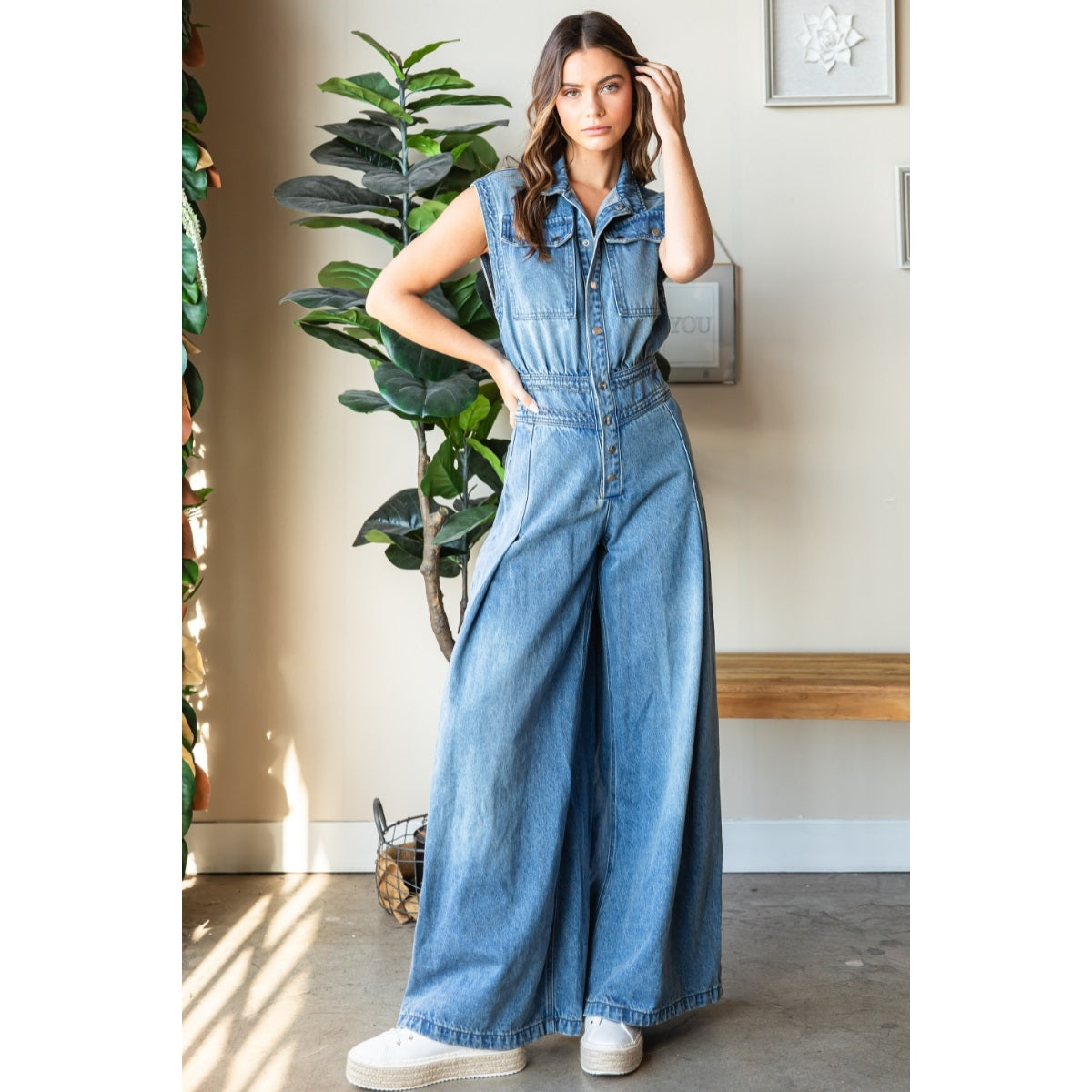 The Brandy Denim Button Down Sleeveless Jumpsuit