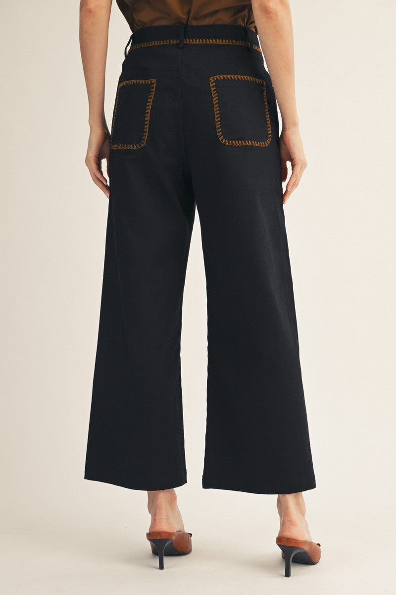 The Railey Stitch Accent Wide Leg Solid Pants - Black
