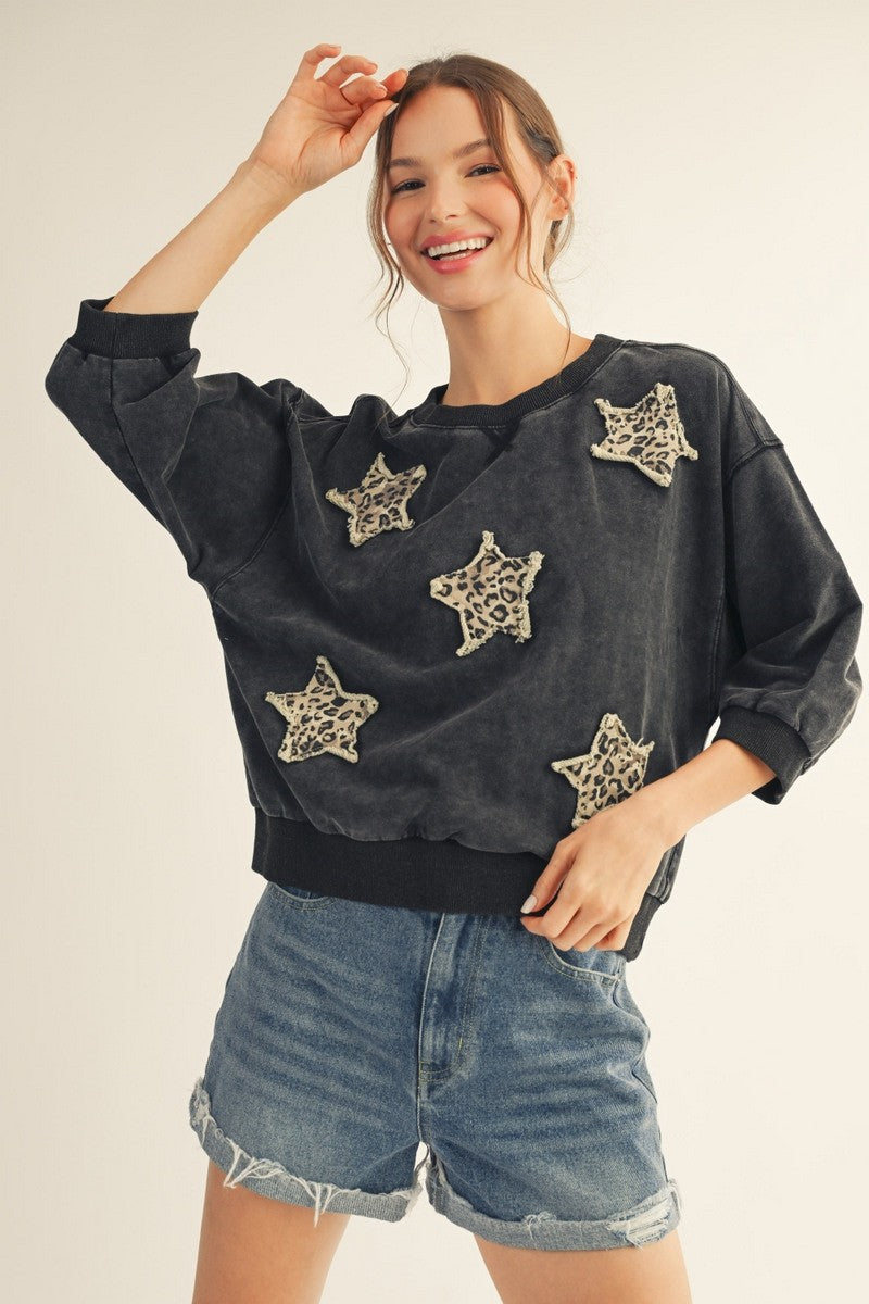 The Julienne Leopard Star Patched Washed Top - Black