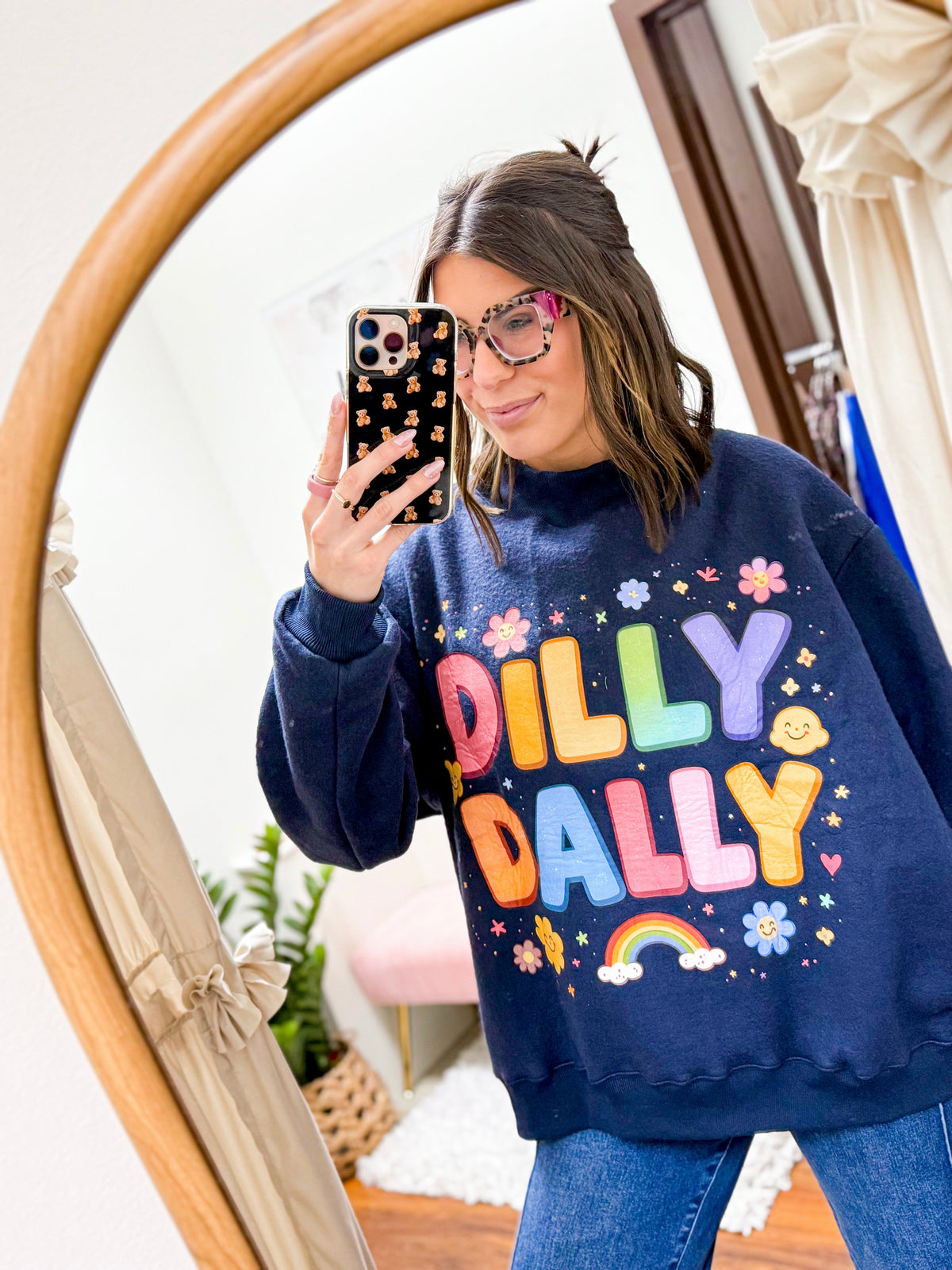 The Dilly Dally Reversible Mock Neck Sweatshirt - Navy/Rainbow